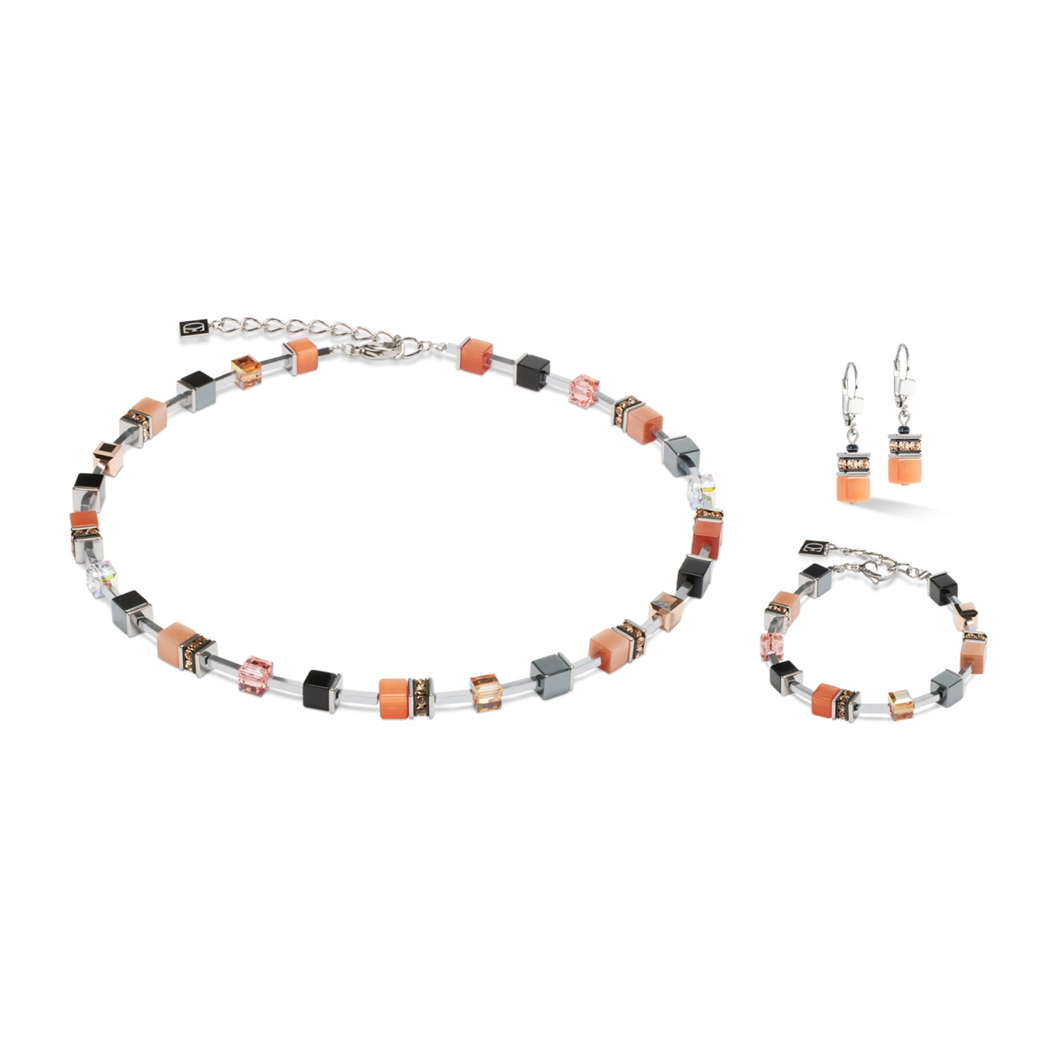 GeoCube Lite Orange, Apricot & Stainless Steel Necklace 2600/10_0200
