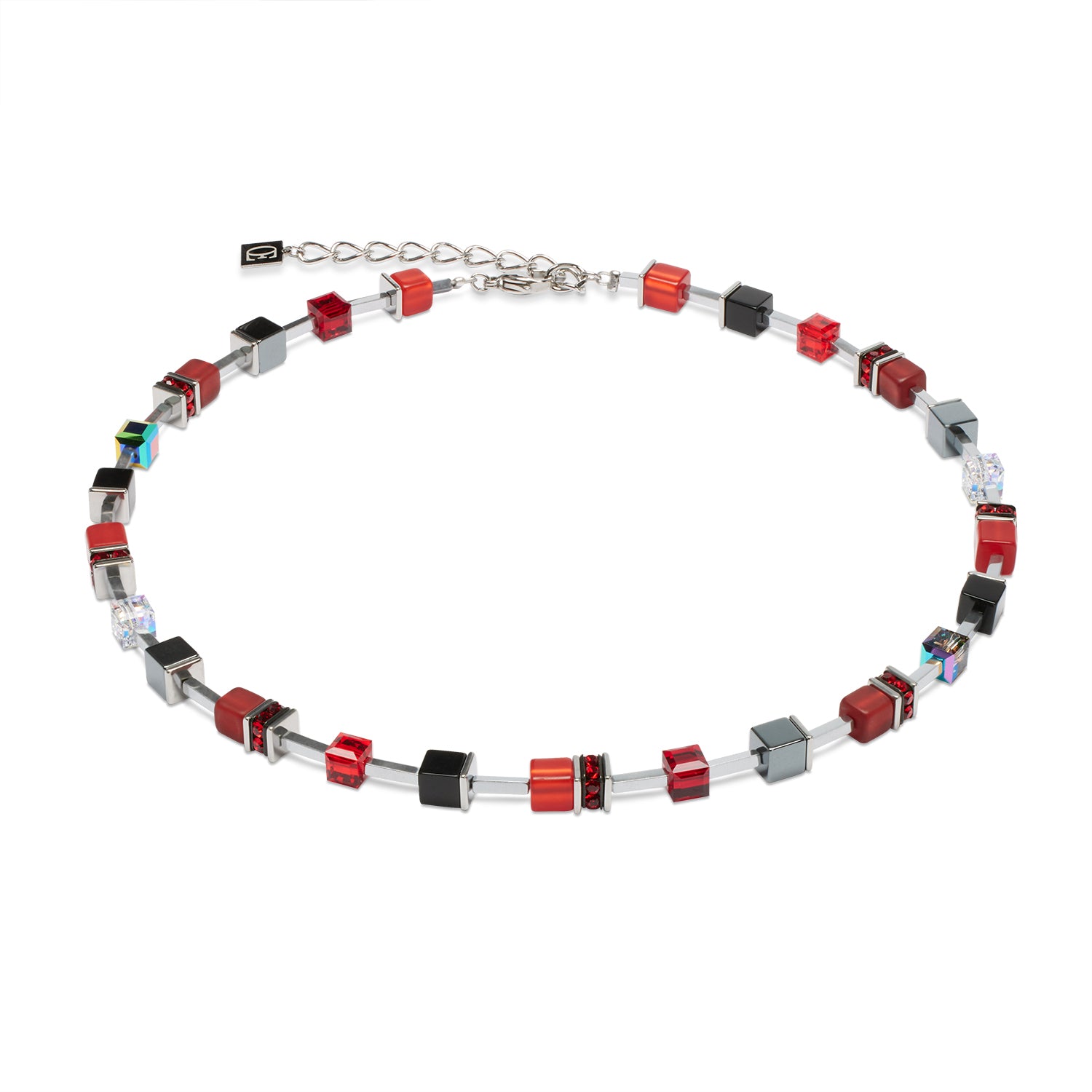 GeoCube Lite Red, Grey & Stainless Steel Necklace 2600/10_0300