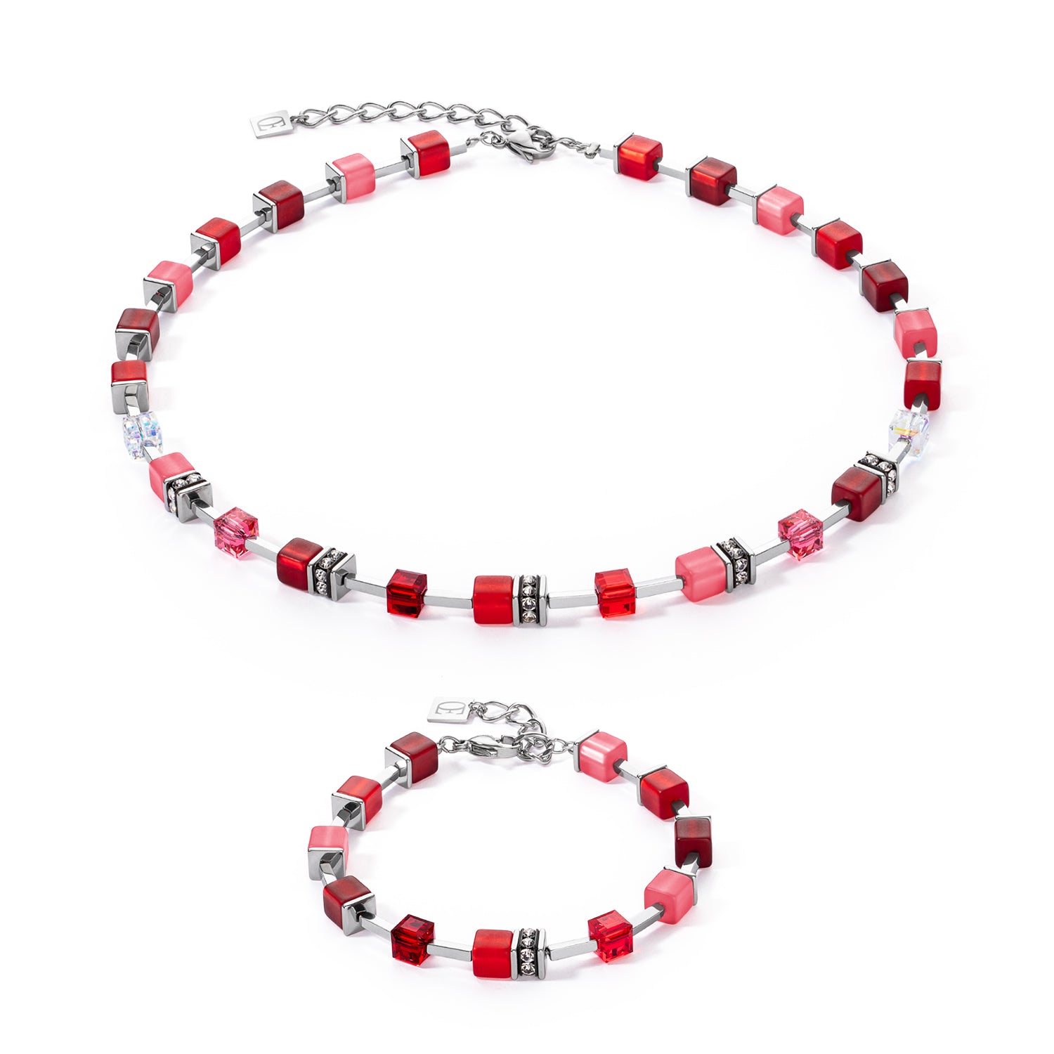 GeoCube Red, Warm Pink & Silver Necklace 2700/10_0300