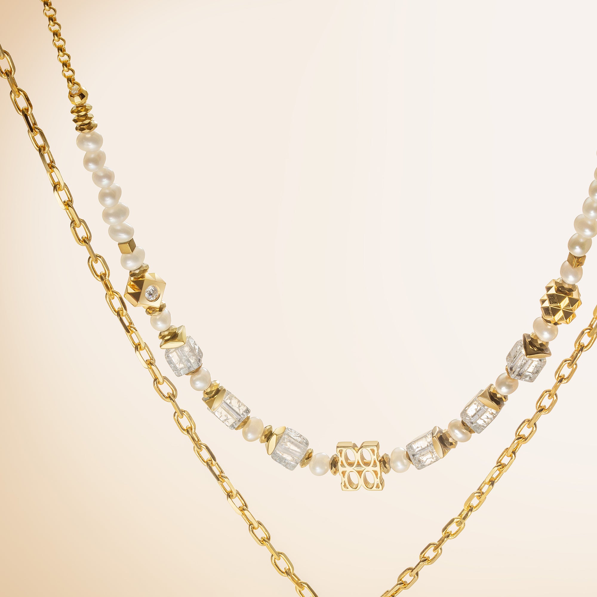 Fine Edition Gold Logo, Rock Crystal & Freshwater Pearl Necklace 1039/10_1416