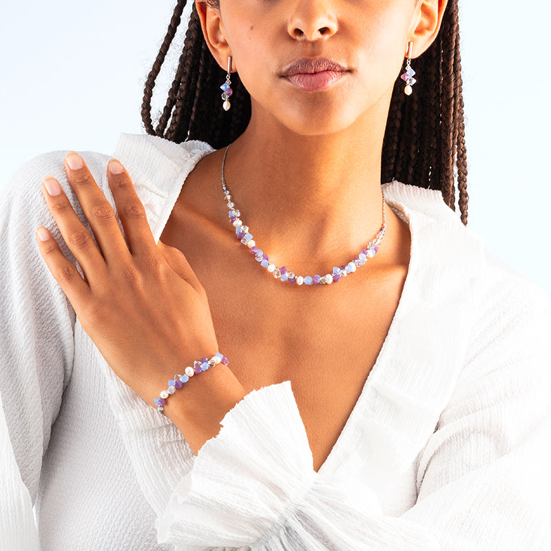 Dancing Purple Toned Crystals & Pearls Silver Necklace 1124/10_0839