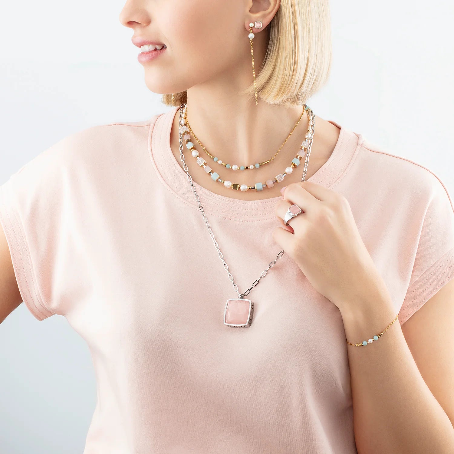 Pendant Square Rose Quartz Necklace Silver-Pink 1201/10_1917