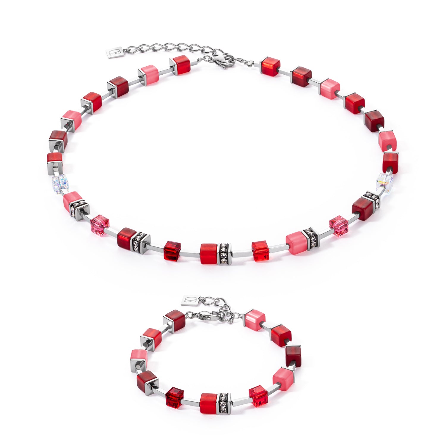 GeoCube Red, Warm Pink & Silver Necklace 2700/10_0300
