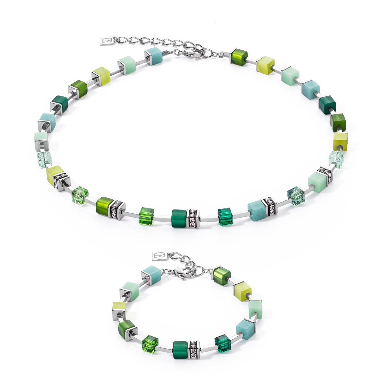 GeoCube Vibrant Green, Teal & Silver Necklace 2700/10_0500