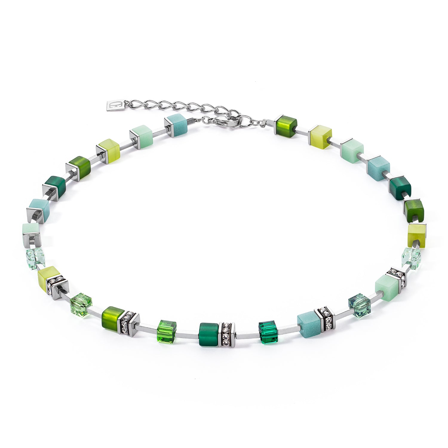 GeoCube Vibrant Green, Teal & Silver Necklace 2700/10_0500