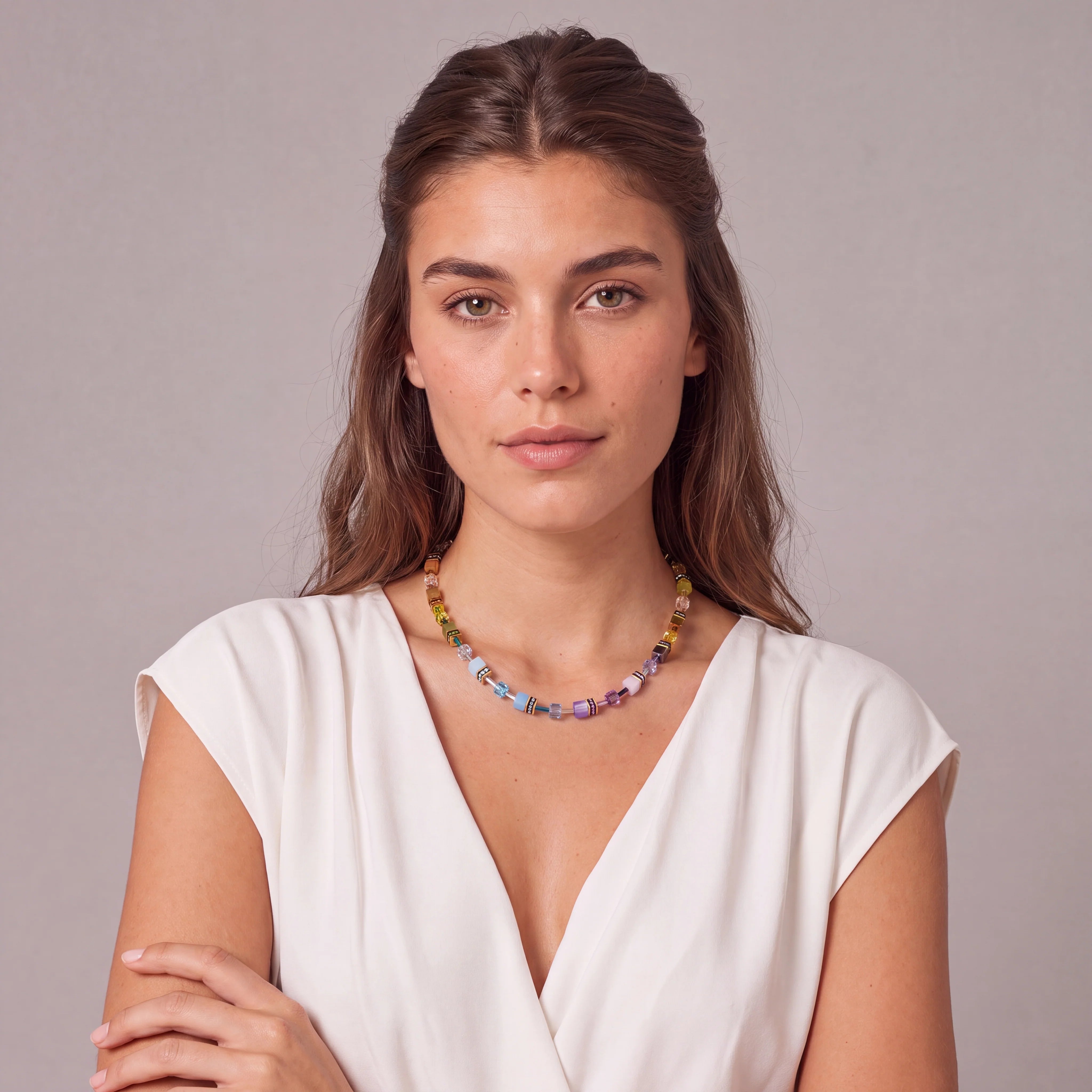 GeoCube Gold & Muted Multicolour Necklace 2838/10_1583