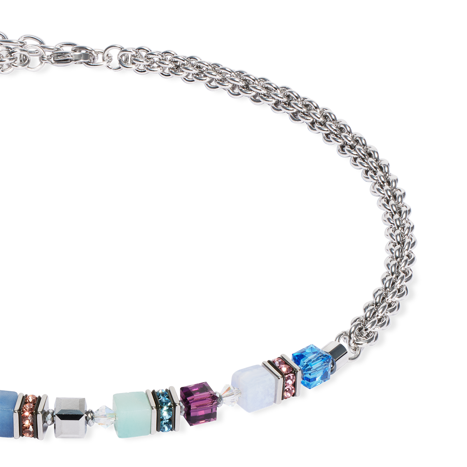 GeoCube Fusion Silver Chain, Soft Blue & Turquoise Necklace 3021/10_1550