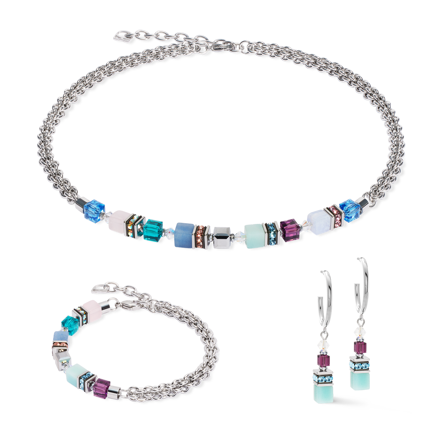 GeoCube Fusion Silver Chain, Soft Blue & Turquoise Bracelet 3021/30_1550