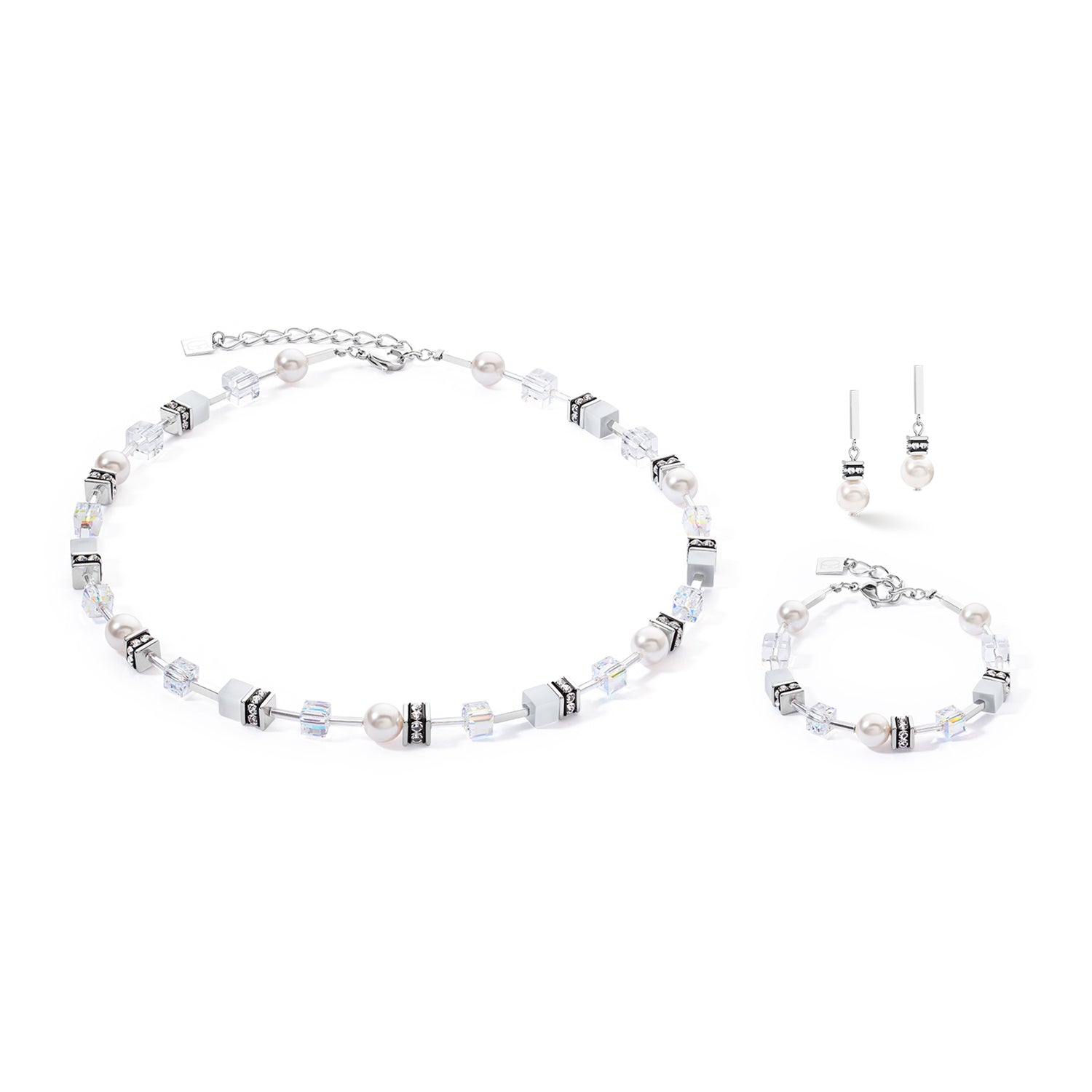 Geo Cube Shiny Crystal Pearl & White Earrings 4081/21_1417