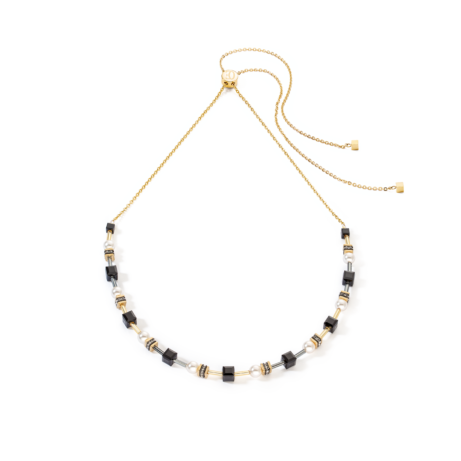 Geo Cube Gold, Pearl & Black Adjustable Necklace 4085/10_1316