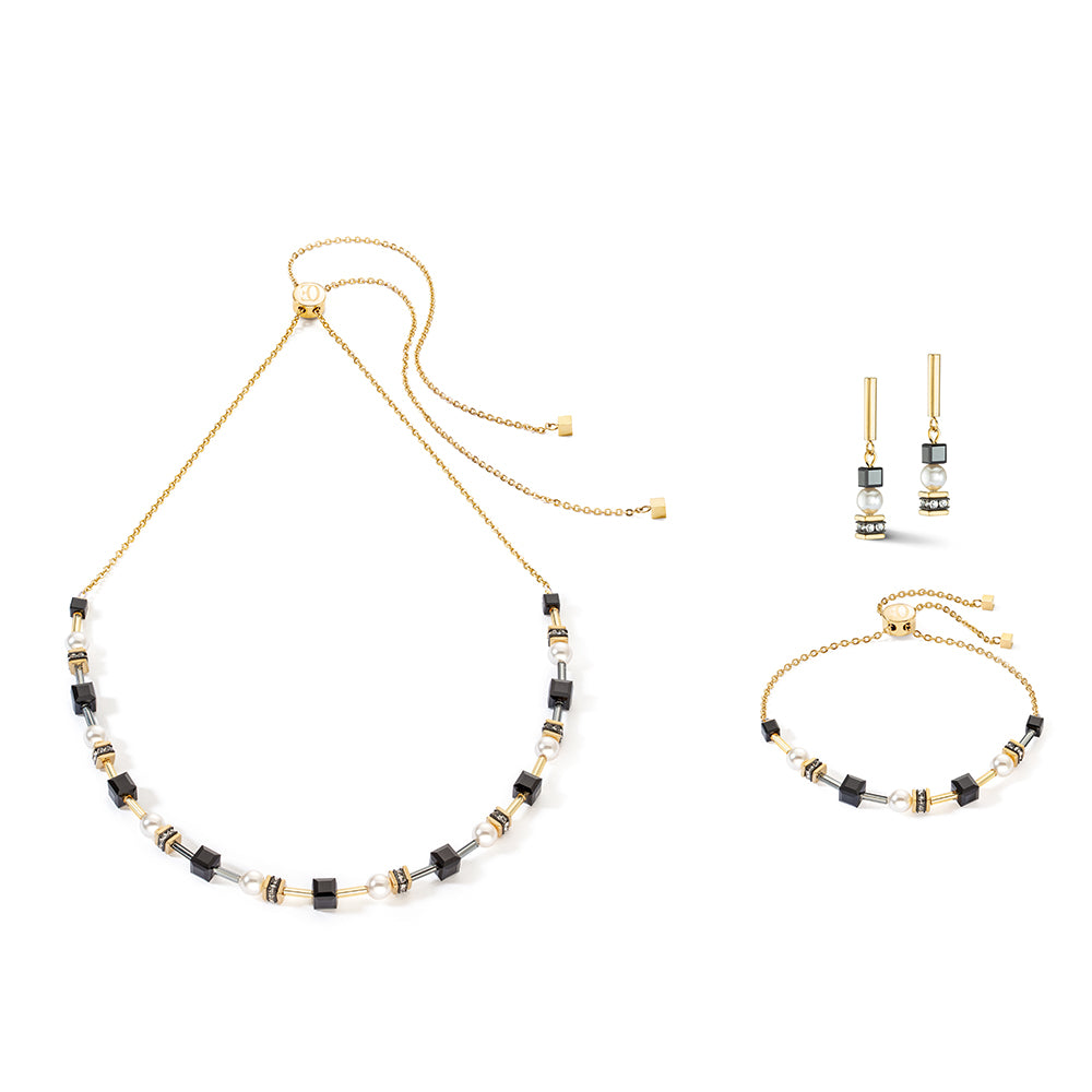 Geo Cube Gold, Pearl & Black Adjustable Necklace 4085/10_1316