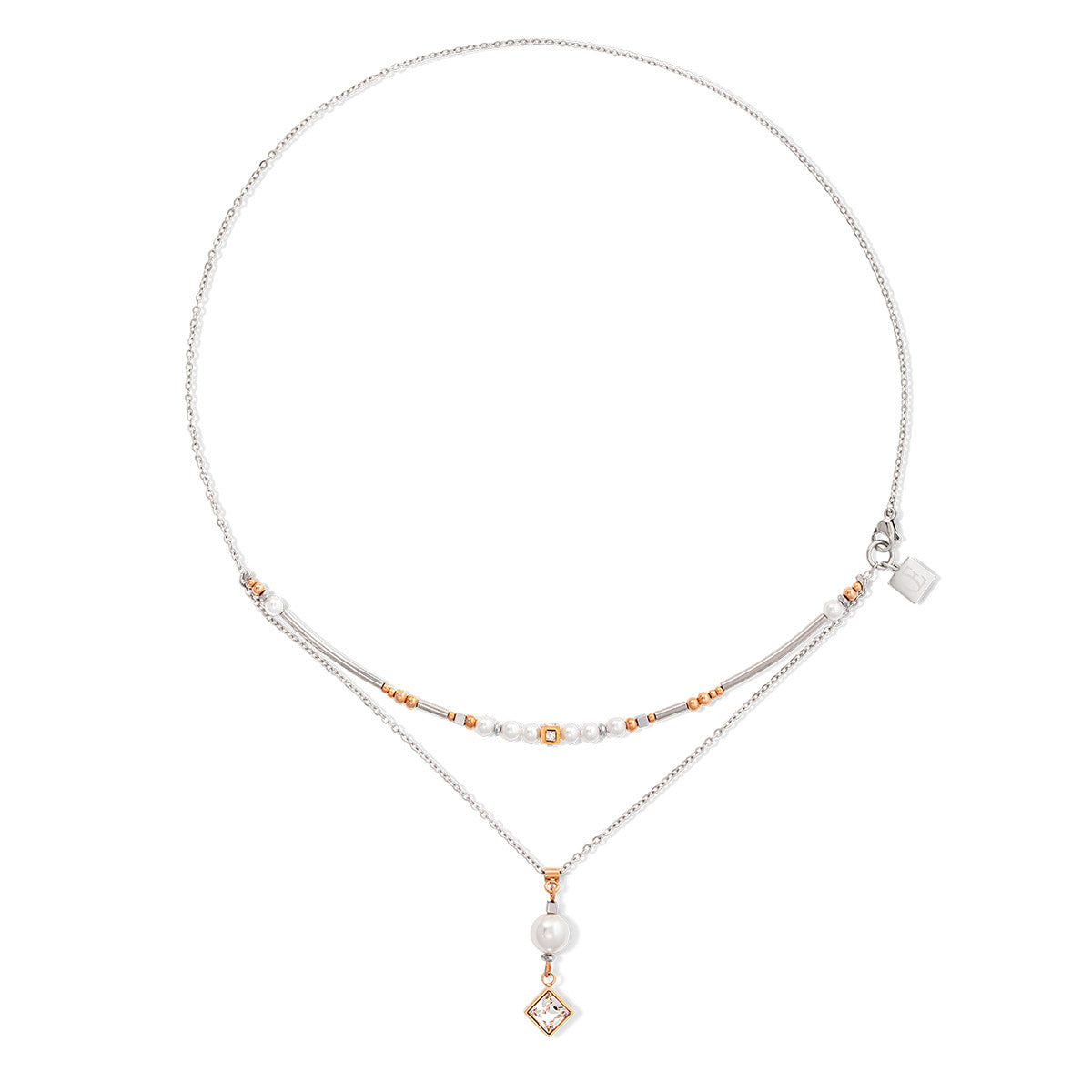 Layered Square Crystal Rose Gold, White & Pearl Necklace 6009/10_1723