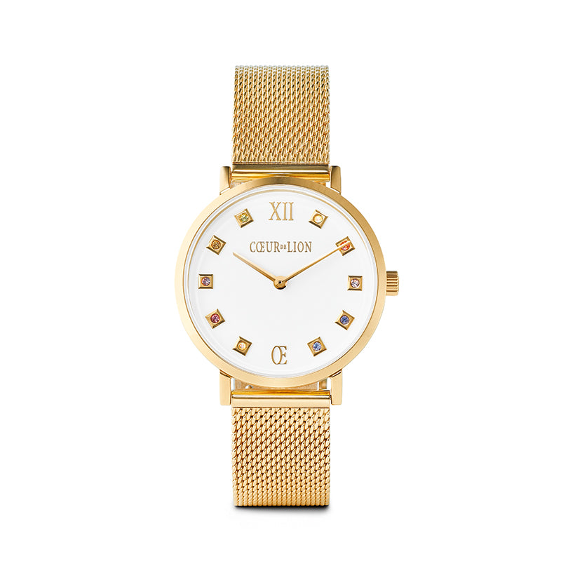Gold Plated Stainless Steel European Crystal Cube Watch & Mesh band 7612_70_1614