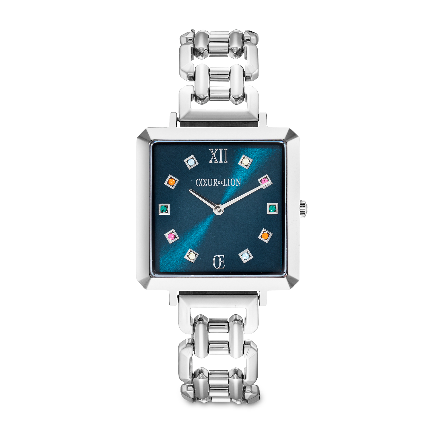 Petrol Blue & Silver with Multicoloured Crystal Iconic Cube Watch 7630_74_1707